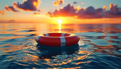 Lifebuoy Adrift in Sunset Waters Symbolizing Rescue, Safety, and Hope