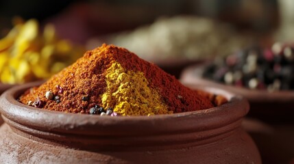 A close-up of a traditional clay bowl filled with spices, highlighting the rich colors and textures, perfect for a culinary inspiration theme.