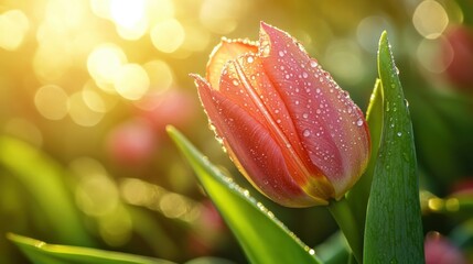 A close-up of a tulip opening in the sunlight, with droplets of dew on its petals, capturing the freshness of a spring morning.