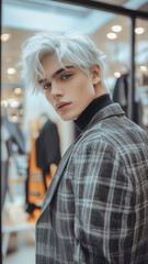 Wall Mural - social media influencer, white hair and grey eyes wearing stylish business attire. Background of fashion store. Posing for his profile picture, trying to look good.