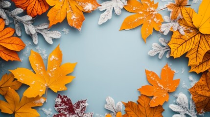 Wall Mural - frosted autumn leaves and snowy branches forming a frame around a blank blue background