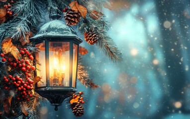 A lantern with soft candlelight hanging among pine branches, berries, and pinecones, with snow falling against a blue background