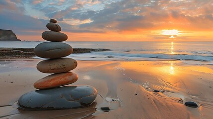 Stack of zen stones on the beach at beautiful sunset.