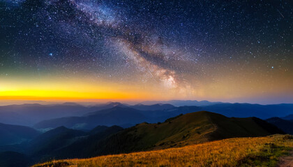 Night landscape with colorful Milky Way and yellow light at mountains. Starry sky with hills 