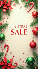 Wall Mural - A colorful arrangement of holiday ornaments, ribbons, and candy canes frames festive text announcing a Christmas sale, enhancing the seasonal cheer