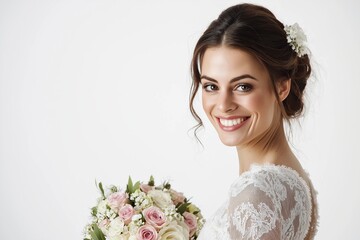 Wall Mural - A woman with a bouquet of flowers in her hand and a smile on her face. Concept of happiness and celebration, as the woman is likely attending a wedding or a special event