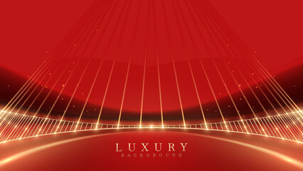 Wall Mural - elegant red stage backdrop decorated with a golden line and sparkling light effects, ideal for celeb