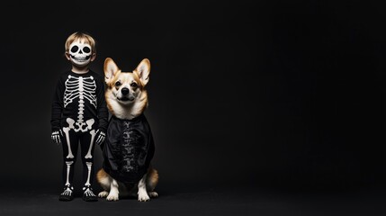 A child and a corgi wear skeleton costumes while posing together, showcasing festive Halloween spirit in a playful setting