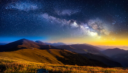 Night landscape with colorful Milky Way and yellow light at mountains. Starry sky with hills 