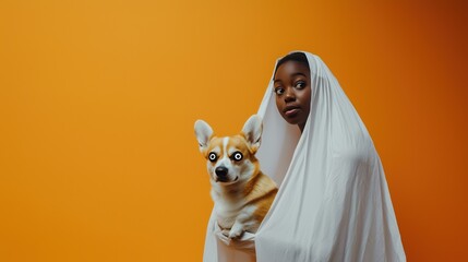 Wall Mural - A young African American woman in a white sheet playfully poses with her corgi against a bright orange background