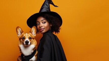 Wall Mural - A young woman in a witch costume holds her corgi against a vibrant orange background during a festive celebration