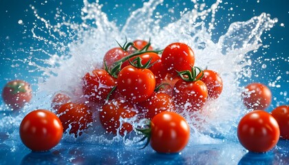 Bursting cherry tomatoes amidst a vibrant water splash against a striking blue backdrop