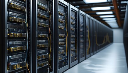 Modern server room filled with organized network cables and power management systems