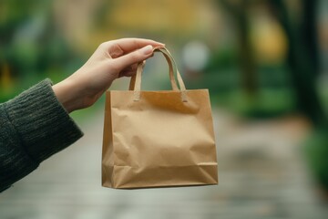 Close up of a hand holding a paper bag. Shopping concept.