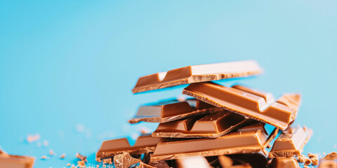 Delicious chocolate bars stacked on a blue background with scattered shavings, showcasing sweet indulgence for dessert lovers. Isolated gourmand snake background with copy-space. 