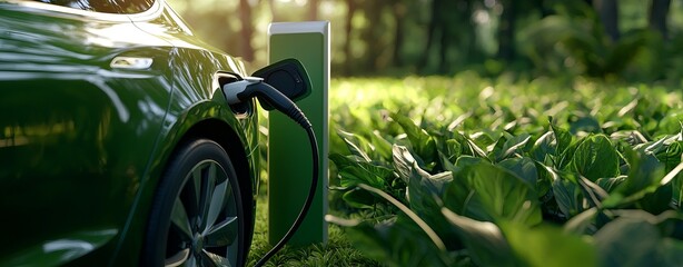 Electric car charging in an eco-friendly environment, surrounded by lush greenery.