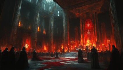 Wall Mural - Silhouettes in cloaks stand before a fiery cathedral.