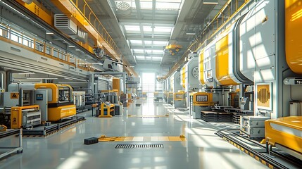 A modern industrial facility with bright yellow machinery and large windows for natural light.