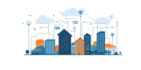Illustration of a futuristic cityscape with connected smart buildings and cloud technology.