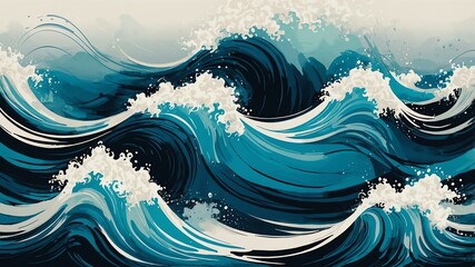 ink painting art of abstract ocean waves flat surface background