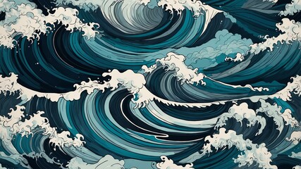 Wall Mural - ink painting art of abstract ocean waves flat surface background