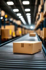 Poster - A conveyor belt in a busy warehouse, transporting packages efficiently to various sorting areas