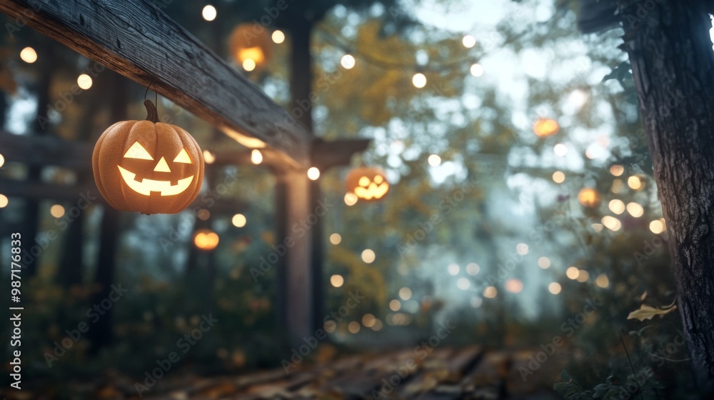 Haunted forest Halloween decorations with glowing Jack o Lanterns old ...