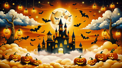 A castle with pumpkins and bats on it with a full moon in the background. Halloween Night