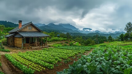 In a vibrant spring setting, a luxurious house with a small chimney sits against a backdrop of lush green mountains under cloudy skies after rain. 