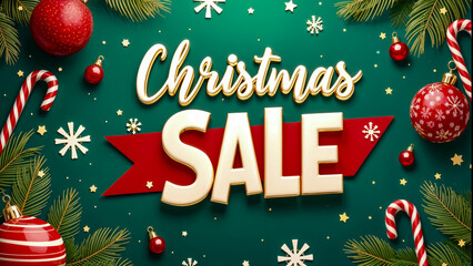 Wall Mural - The banner showcases a lively Christmas sale announcement set against a green backdrop, adorned with ornaments, candy canes, and snowflakes for a festive feel