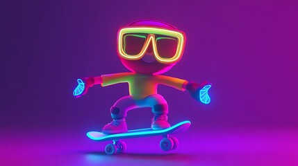 Wall Mural - A cartoon character skateboarding with neon lights.