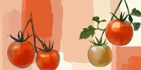 Bright red and green tomatoes against a soft, abstract background.