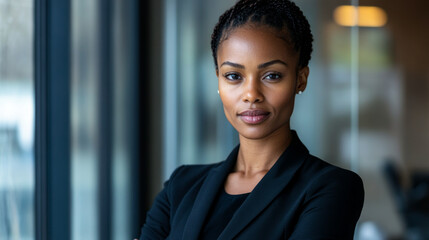 Confident businesswoman standing by a window in a modern office during the daytime, showcasing professionalism and determination