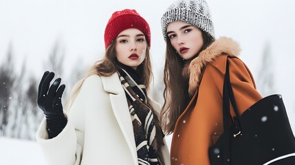 Two young women in winter wear stand in the snow.