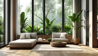 Chic minimalist living room filled with natural light, featuring stylish decor, a cozy seating area, lush indoor plants, and warm wooden flooring