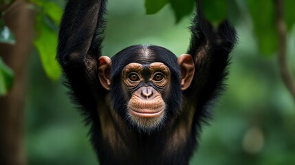 Chimpanzee hanging from tree branches in the forest