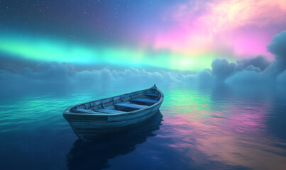 Wall Mural - tiny wooden boat floats alone in serene sea under vibrant aurora borealis, creating magical and tran