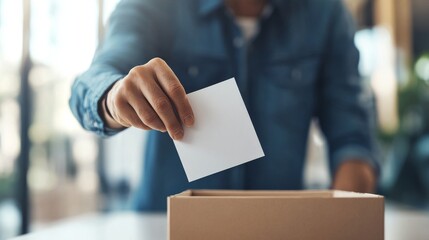 Person casting a vote in a ballot box, symbolizing democracy and civic duty.