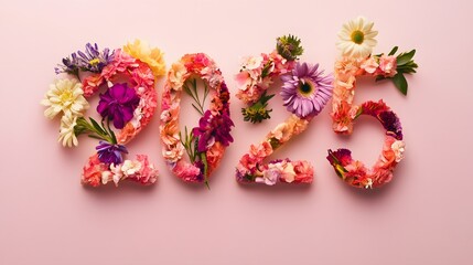 The year 2025 spelled out in colorful flowers on a pink background.