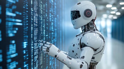 White robot with a futuristic design interacts with a screen filled with code.