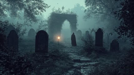 Wall Mural - A ghostly figure walking through an overgrown graveyard, with old tombstones and flickering lanterns casting eerie shadows on the misty ground