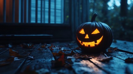 Wall Mural - A glowing jack-o-lantern with a creepy face, placed on an old wooden porch with dead leaves scattered around, bathed in eerie moonlight