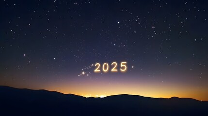 Wall Mural - The year 2025 glows in the night sky above a mountain range.