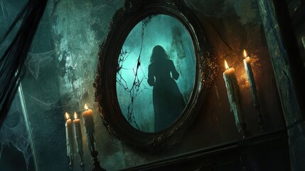 Canvas Print - A haunted mirror reflecting a ghostly figure standing behind a woman, with flickering candles and cobwebs hanging from the corners of the frame