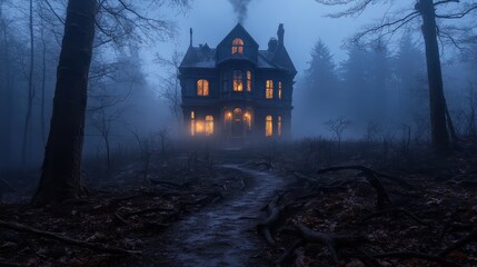 Wall Mural - A haunted Victorian house at the end of a long, winding path, with dead trees, a fog-covered landscape, and glowing windows that hint at the presence of spirits inside