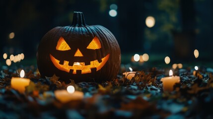 Wall Mural - A jack-o-lantern with a sinister grin glowing brightly in the dark, surrounded by fallen leaves and candles flickering in the night breeze