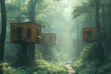 Wooden Cabins in a Misty Forest