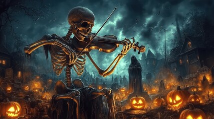 A skeleton playing a violin in a spooky graveyard, with ghostly figures watching and glowing jack-o-lanterns lighting the ground