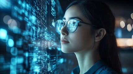 Woman wearing glasses, looking at blue screen with data.