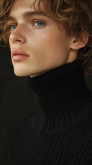 Wall Mural - Portrait of a Young Man with Curly Hair in a Black Turtleneck Sweater